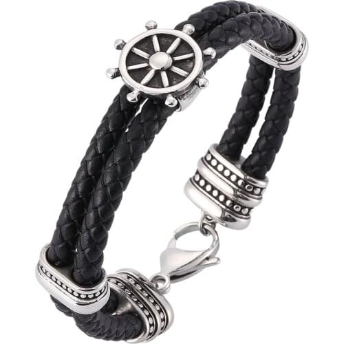 Fashion Rudder Black Braided Stainless Steel Double Layer Leather Bracelets Men Jewelry Gifts SP0176