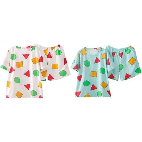 N7MF Women Summer 2pcs Pajamas Set Short Sleeve Crew Neck Pullover Sleepwear Colorful Geometry Pattern Loose Lounge Homewear