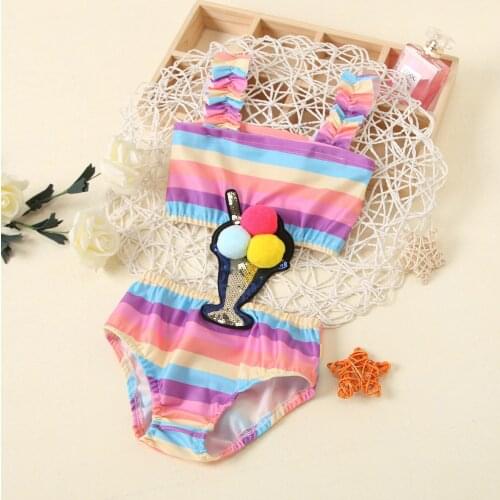 1-5T Baby Girl Cute Swimsuit Fairytale Rainbow Striped Jumpsuit Sleeveless Tank Top Round Neck Suspender Beach Ruffled Swimsuit