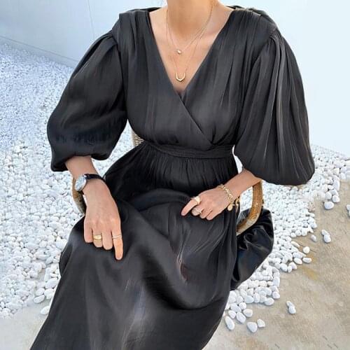 Long Sleeve Dress for Women High Waist A-Line Summer Luxury Elegant 2021 Vintage Party V-neck Lantern Sleeve Slim Solid Black