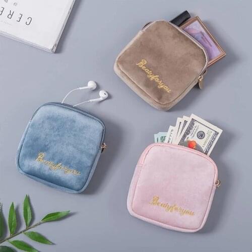 Plush Sanitary Pad Cosmetic Bag Letter Embroidery Coin Purse Jewelry Organizer Headphone Case Mini Travel Lipstick Storage Bag
