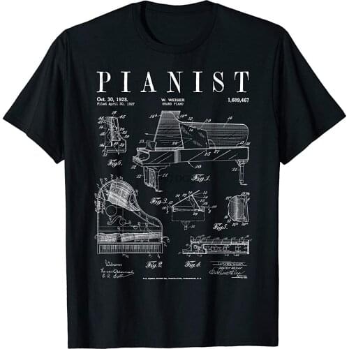 Grand Piano Old Vintage Patent Pianist Drawing Print T-Shirt(1)
