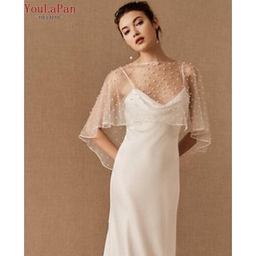 YouLaPan G27 Pearls Bridal Cape Cloak Cover over the Shoulder Wedding Shawl Short Front Long Back Elegant Wedding Shawl