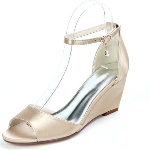 2021 Summer Lady Wedges Satin Evening Dress Sandals Ankle Strap Beach Wedding Bridal Shoes Open toe Lady Party Pumps Champagne