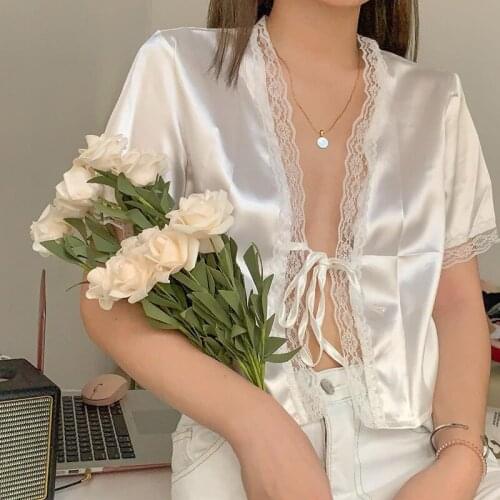 Women Loose Crop Tops Shirt Thin Cardigan Lace Silk Satin Short Sleeve V-nevk Outwear for Female Tee Tops Streetwear