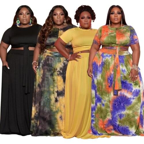 Echoine Tie-dye Fashion Casual Suit Plus Size Two-piece Women Dress Set O-neck Casual Street Wear