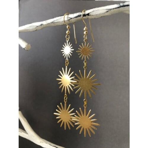 Star burst charm earrings, sun earrings, gift for her, three tier earrings, drop dangling sun charm earrings, star earrings