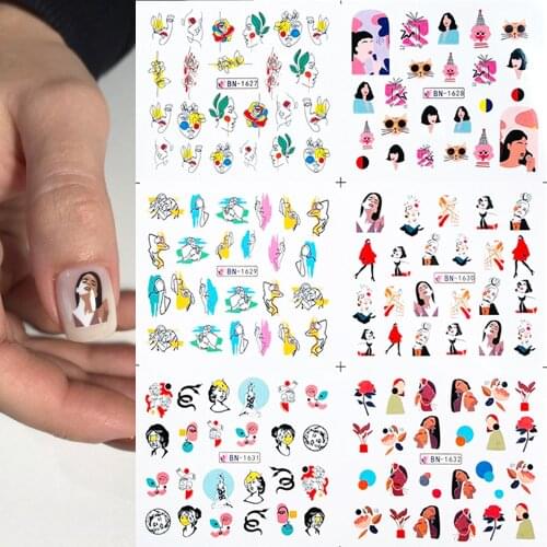 12pcs Abstract Women Face Nail Sticker Water Transfer Deal Abstract Image Nail Slider Decals Flower Decoration bn1621-1632