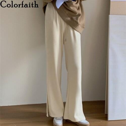 Colorfaith New 2021 Womens Spring Autumn Women Pants Wide Leg High Waist Sweatpants Thicken Split Ankle-Length Trousers P413