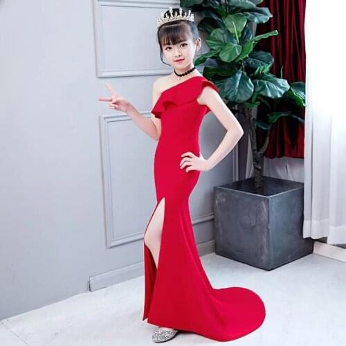 2021 High-End Children Evening Gown Kids Catwalk Sexy Asymmetrical Red Mermaid Princess Dress For Girls Birthday Party Vestidos