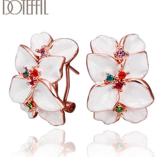 DOTEFFIL 925 Sterling Silver Rose Gold Multicolor AAA Zircon petal Charm Earrings Women Fashion Jewelry Wedding Party Gift