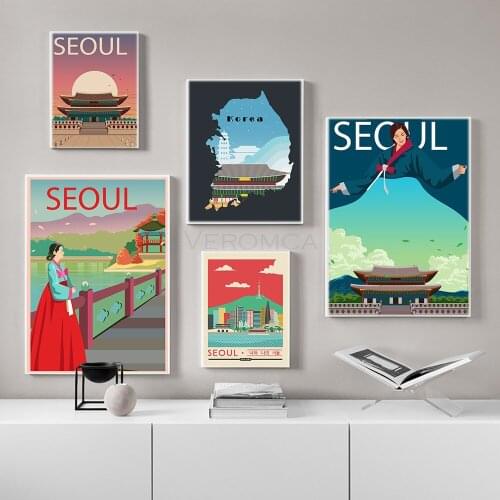 Seoul City South Korea Poster Tour Travel Landscape Painting Nordic Wall Art Picture Cartoon Print Canvas Living Room Home Decor