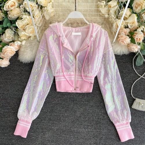 HOT-SELL Bling Bling Sequined Short Design Hooded Jacket Women Chic Sporty Bolds Sequines Jacket