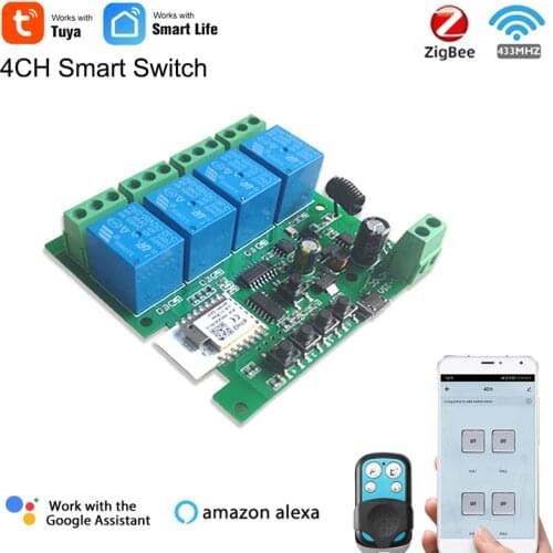 Tuya Zigbee 4CH Smart Switch for light/Motor,DC 5V 12V 32V Wireless Module,RF433,4Gang/4Channel Relay for Alexa Google Assistant