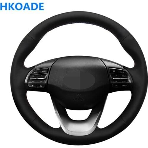 DIY Hand-stitched Black Soft and non-slip Artificial Leather Car Accessories Steering Wheel Cover For Hyundai Kona 2017-2019