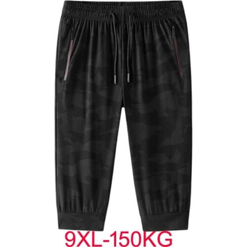 Summer New mens Casual Trend Loose quick-drying Shorts Ice Silk Black Pants mens Zipper Sweatpants Large size Cool 9xl 150kg
