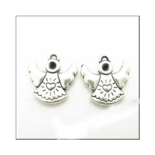 High Quality 50 Pieces/Lot 13mm*14mm Antique Silver Plated Double-Sided Heart Angel Wings Metal Charm