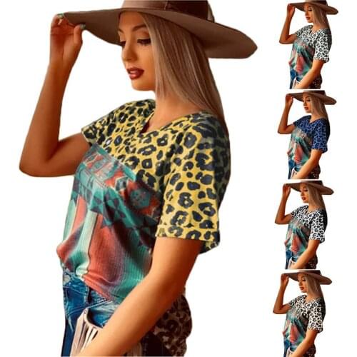 Summer T Shirt Women New Printing T-shirt Euramerican Fashion Leisure Female Leopard Splicing 2021 Harajuku Tshirt OKBS119