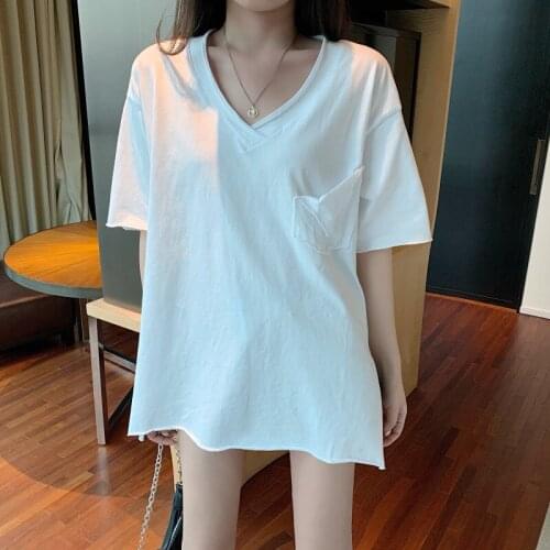2021 summer womens pure cotton V-neck niche short sleeve printed solid color loose T-shirt
