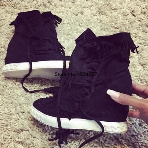 Autumn Platform Black Wedge Heel Boots Women Shoes With Height Increased Platform Round Toe Lace Up Fringe Ankle Boots