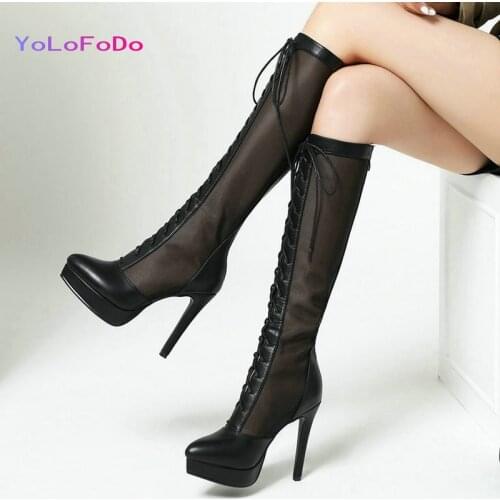 Black White 2021 Women Knee High Boots Platform Thin High Heel Calf Boots Fashion Cross Tied Zipper Mesh Boots Pointed Toe Shoes
