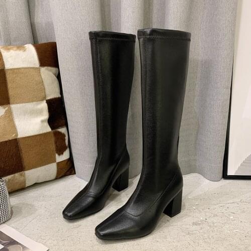 2021 new Big Size 35-39 Winter Knee High Boots Fashion High Heels Square Toe Ladies Shoes Solid Color Women Boots