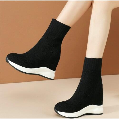 High Top Creepers Women Knitting Wedges High Heel Ankle Boots Female Round Toe Chunky Platform Fashion Sneakers Casual Shoes