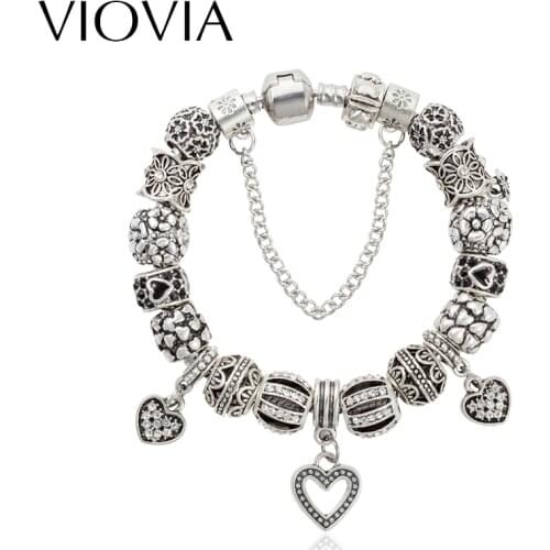 VIOVIA Brand Silver Color Heart Charm Bracelet For Women With Flower Crystal Beads Bracelets & Bangles DIY Jewelry B15373