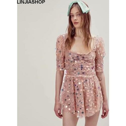 Women Mini Dress Puff sleeves Square Neck bodice Lined double layer Lace short dress with paillettes femme vestidos