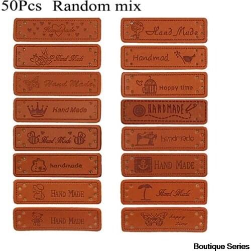 50Pcs Brown Made with Heart PU Leather Handmade Label Tags DIY Sewing Craft