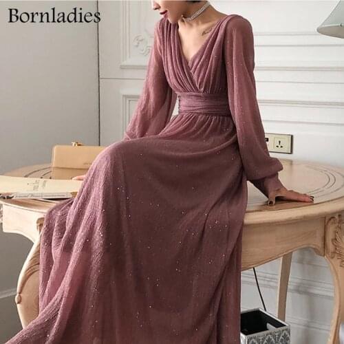Bornladies Elegant Solid Female A-line Sequins Dress Pleated Party Vestidos 2021 Vintage V-neck Slim High Waist Women Long Dress