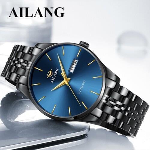 Mens Watch Fashion Casual Mechanical Watch Automatic Stainless Steel Luminous Waterproof Blue Dial Miesten Kello AILANG 8618