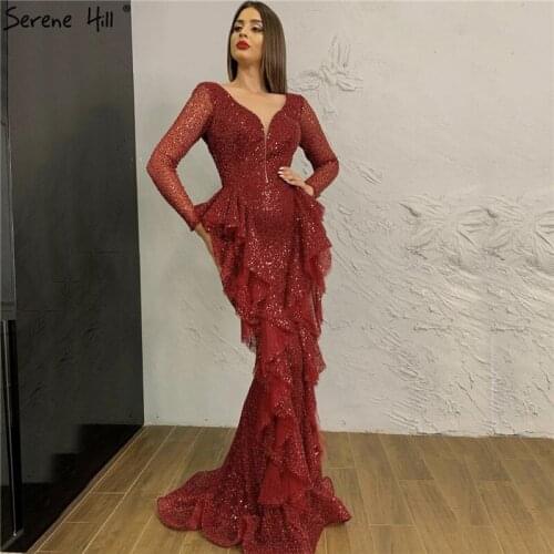 Dubai Wine Red Sequined Luxury Evening Dresses 2020 Deep-V Long Sleeve Sparkle Sexy Formal Dress Serene Hill LA70404