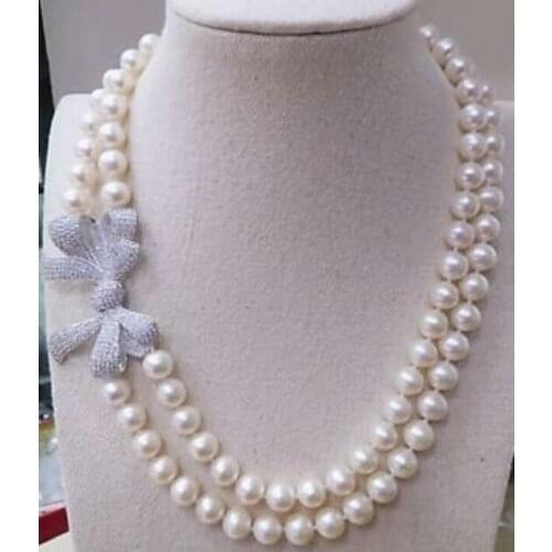 Double strands round 9-10mm white pearl necklace 18"-19" silver clasp