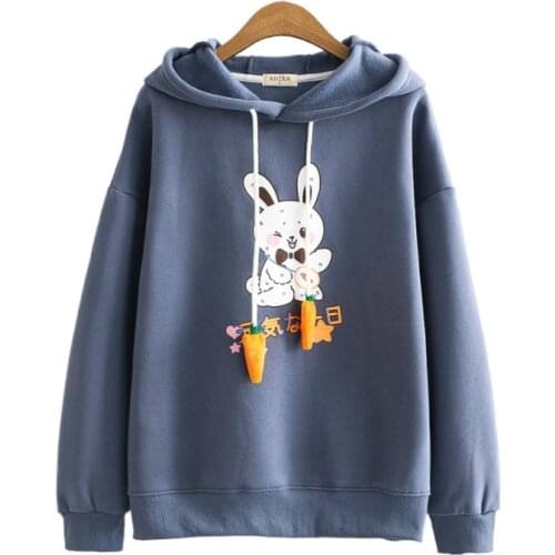 Fleece Warm Womens Hooded Pullover Cartoon Rabbit Printed Sweatshirt Harajuku Long Sleeve Sweet Style Pullover For Teen Girls