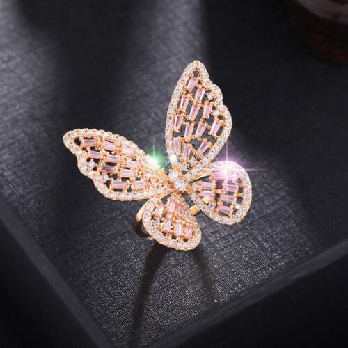 HUAMI Light Luxury Adjustable Butterfly Rings for Women Hollow Out Fingel Open Ring Pink White Color Zircon Hot Sale Jewelry