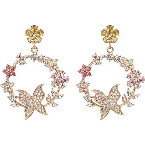 Exquisite Butterfly Flower Earrings Red Pink Colorful Rhinestone Round Circle Drop Earrings For Women oorbellen
