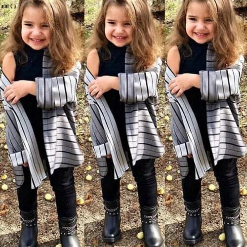 Children Clothes Set Girls 3 pcs Striped Coat & Vest T Shirt & Pants Casual Long Sleeve Kids Clothing Girl 3 4 5 6 7 8 Years