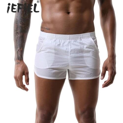 Summer Men Fashion Solid Color Boxers Shorts Elastic Waistband Low Waist Swimming Trunks Sissy Swimwear Beachwear with Pockets