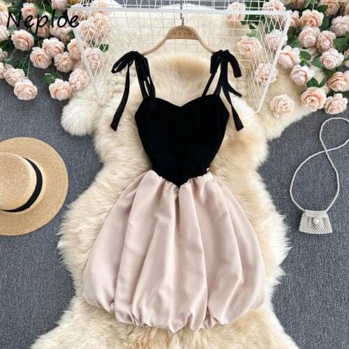 Neploe Fashion Summer Puff Suspender Vestidos Femme Square Collar Slim Waist Camisole Robe Patchwork Dinner Mini Dress Women