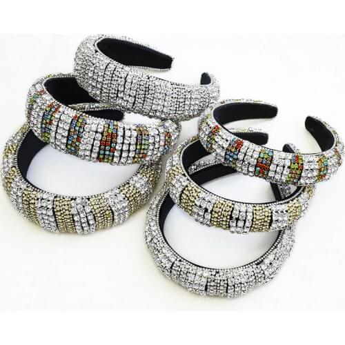 Hand Made Baroque Beaded Thick Sponge Headband for Woman Luxury Full Colorful Crystal Wide Hair Hoop Brida Wedding Tiaras Crowns