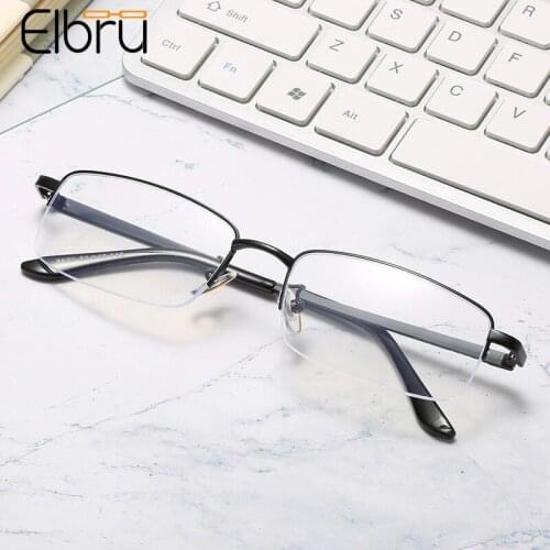 Elbru Business Half Frame Myopic Glasses Men Square Anti Blue Light Short-sighted Eyeglasses Ultralight Metal Clear Lens Eyewear