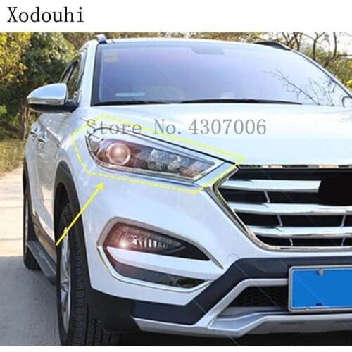 For Hyundai Tucson 2015 2016 2017 2018 Car Front Head Light Lamp Hood Molding Frame Stick ABS Chrome Cover Trim 2pcs