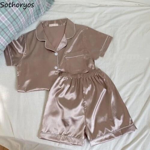 Pajama Sets Women Cozy Silk Simple Leisure Short Sleeve Lounge Wear Plus Size M-5XL Temperament Fashion Korean Style Female Chic