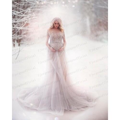 Sparkling Sequins Beaded Maternity Dresses for Photoshoot Long Sleeve Sheer Neck Pregnancy Dress Sweep Train robe femme enceinte