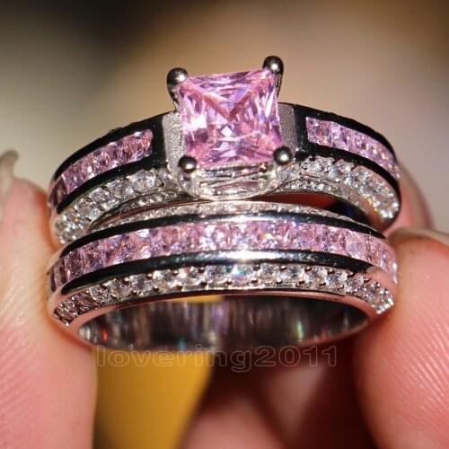 Choucong Princess Cut Luxury Jewelry 10kt White Gold Filled Princess Cut Pink AAA CZ Zirconia Wedding Women Bridal Ring set Gift