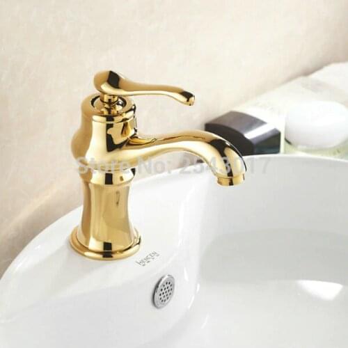 Luxury Golden Basin Mixer Bathroom Hot and Cold Water Taps Deck Mounted Single Hole Wash Basin Faucet Gold Plated ZR413