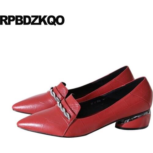 Pumps thick wine red genuine leather size 4 34 luxury shoes women designers medium heels 2019 pointed toe chunky slip on italian