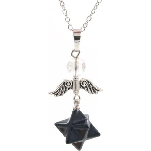 YJXP Ethnic Silver Plated Star Pendant Angel Wing Necklace Link Chain Black Agates Jewelry
