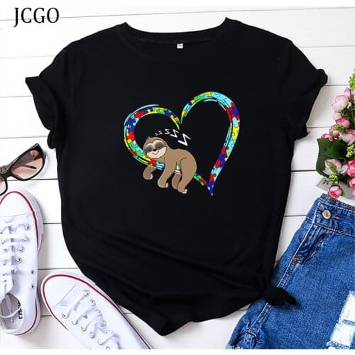 JCGO Women T-shirt Summer 100% Cotton Plus Size S-5XL Short Sleeve Cute Heart Sloth Print Casual O Neck Female Tshirt Tees Tops